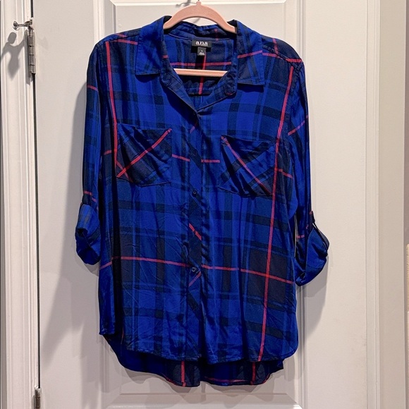 NWT! Long Sleeve Blue and Red Plaid Button-Up Shirt - Picture 5 of 9